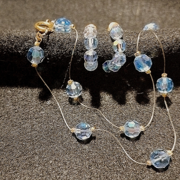 Vintage Jewelry - Vintage Hand crafted Light blue AB Crystals w gold floating Necklace & Earrings